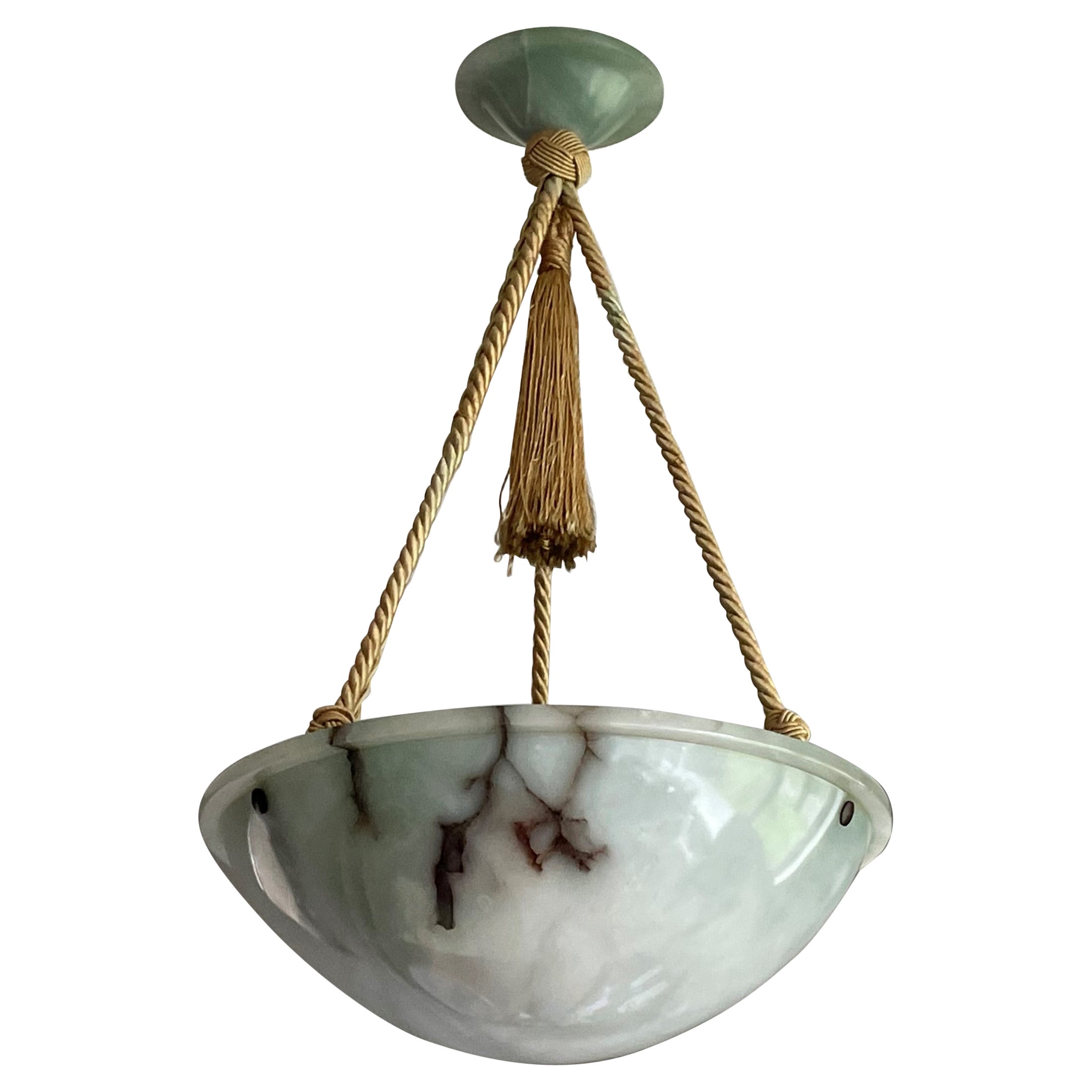 Striking Art Deco Pendant / Flushmount with Mint Green Alabaster Shade & Canopy