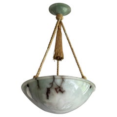 Antique Striking Art Deco Pendant / Flushmount with Mint Green Alabaster Shade & Canopy