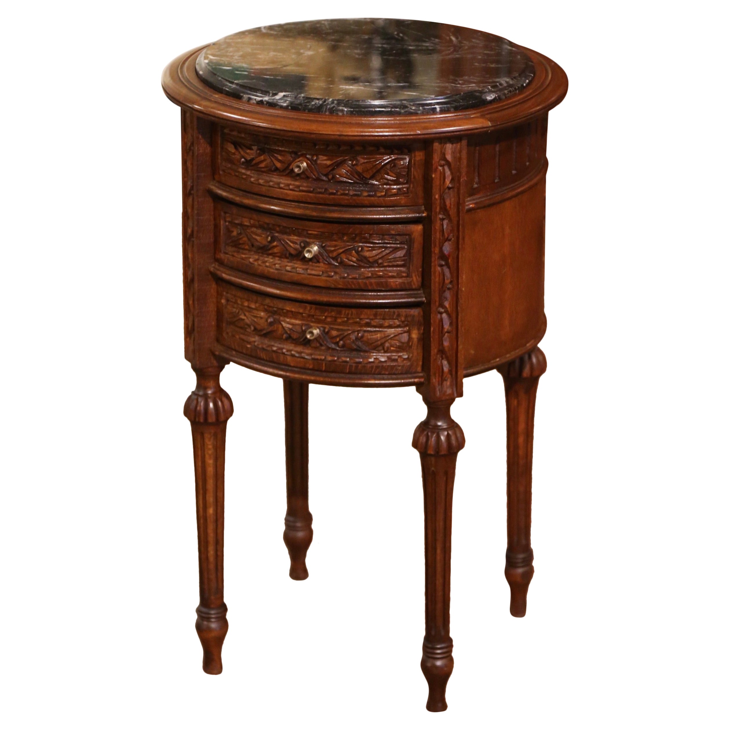 Mid-Century French Louis XVI Black Marble Top Walnut Gueridon Side Table