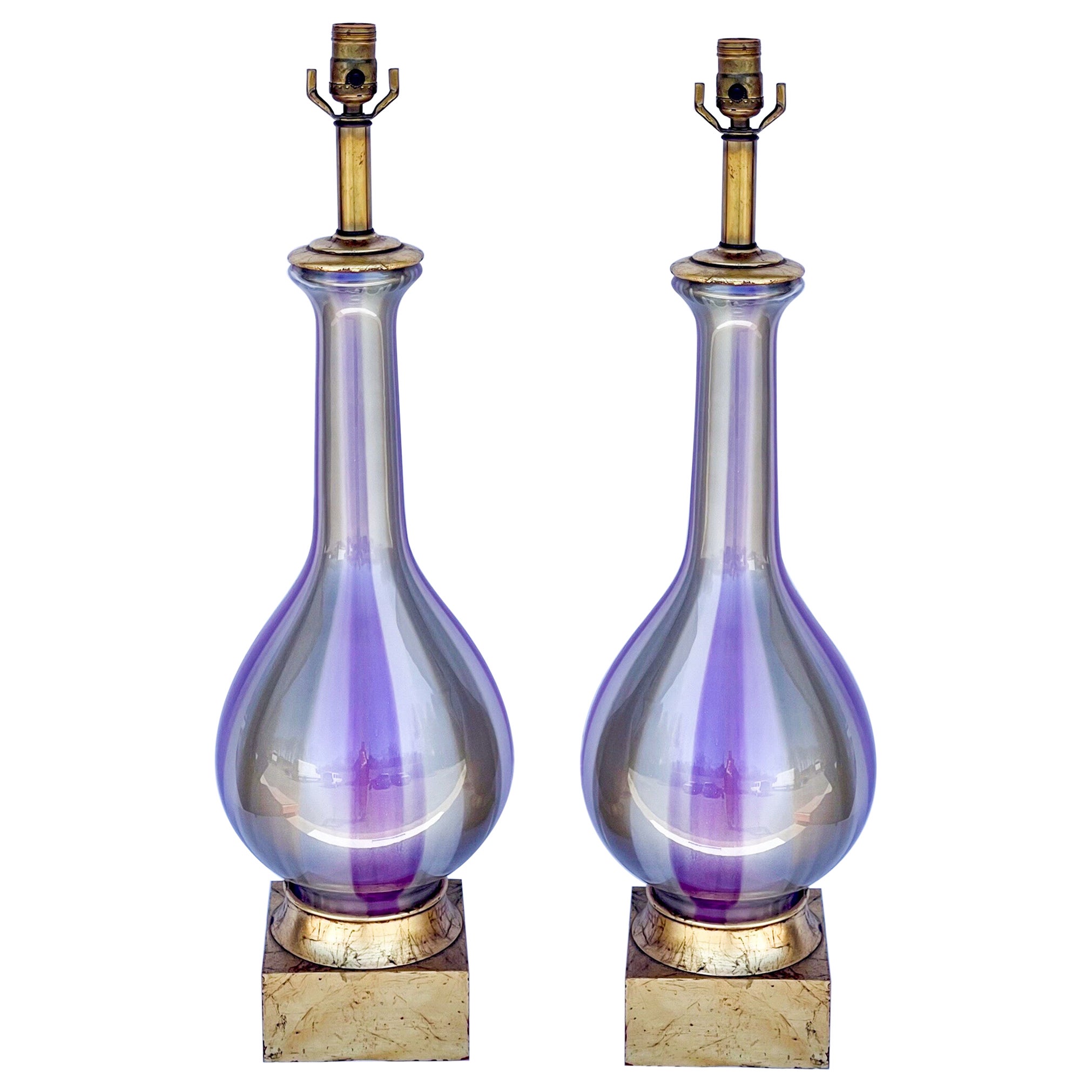 Mid-Century Modern Murano Blown Glass Table Lamps with Giltwood Bases, Pair For Sale