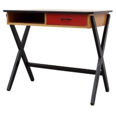 Retro 1954 Coen de Vries Desk in Birch w/ Ebony Base, Red Drawer and Formica Top