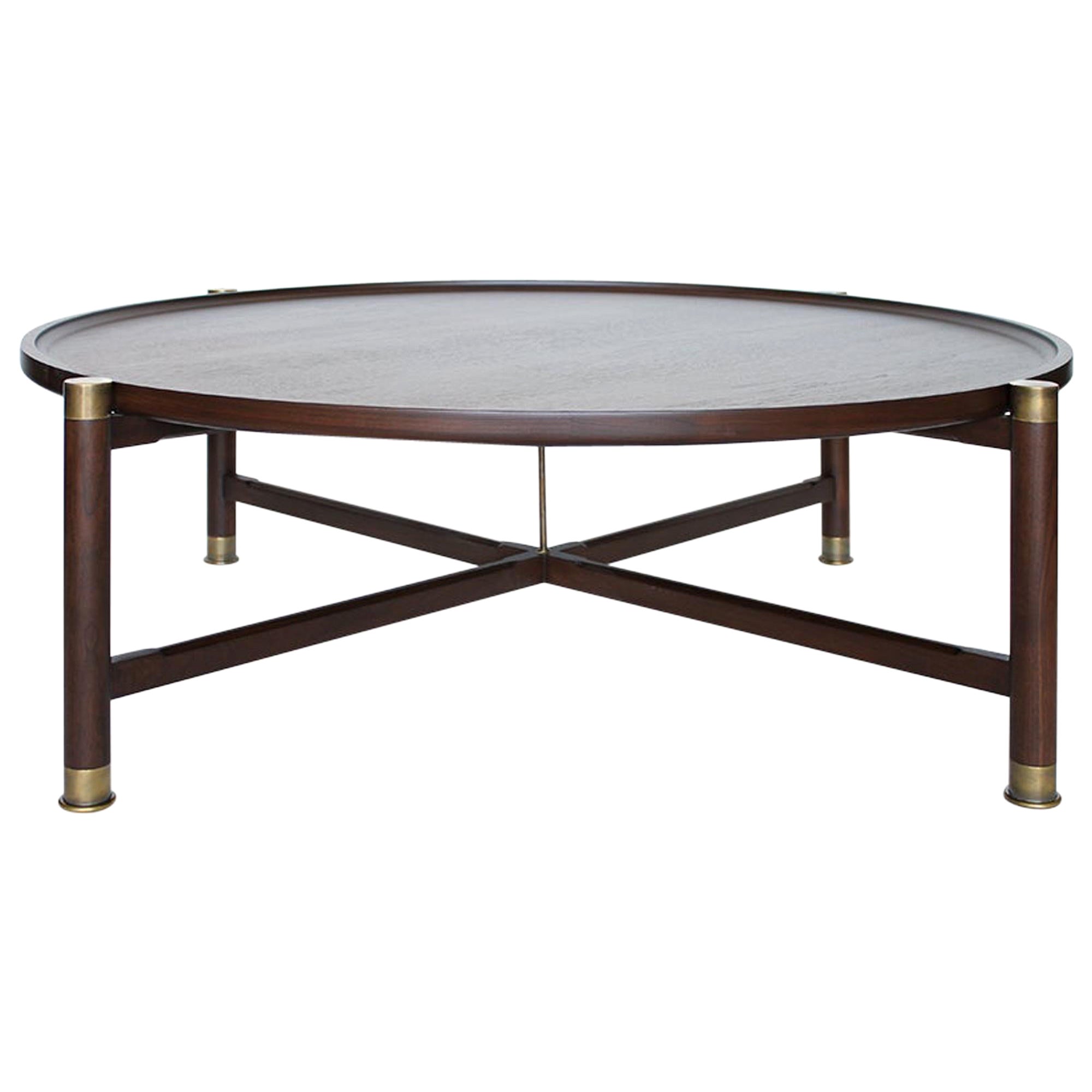 Otto Round Coffee Table in Medium Walnut with Antique Brass Fittings For Sale