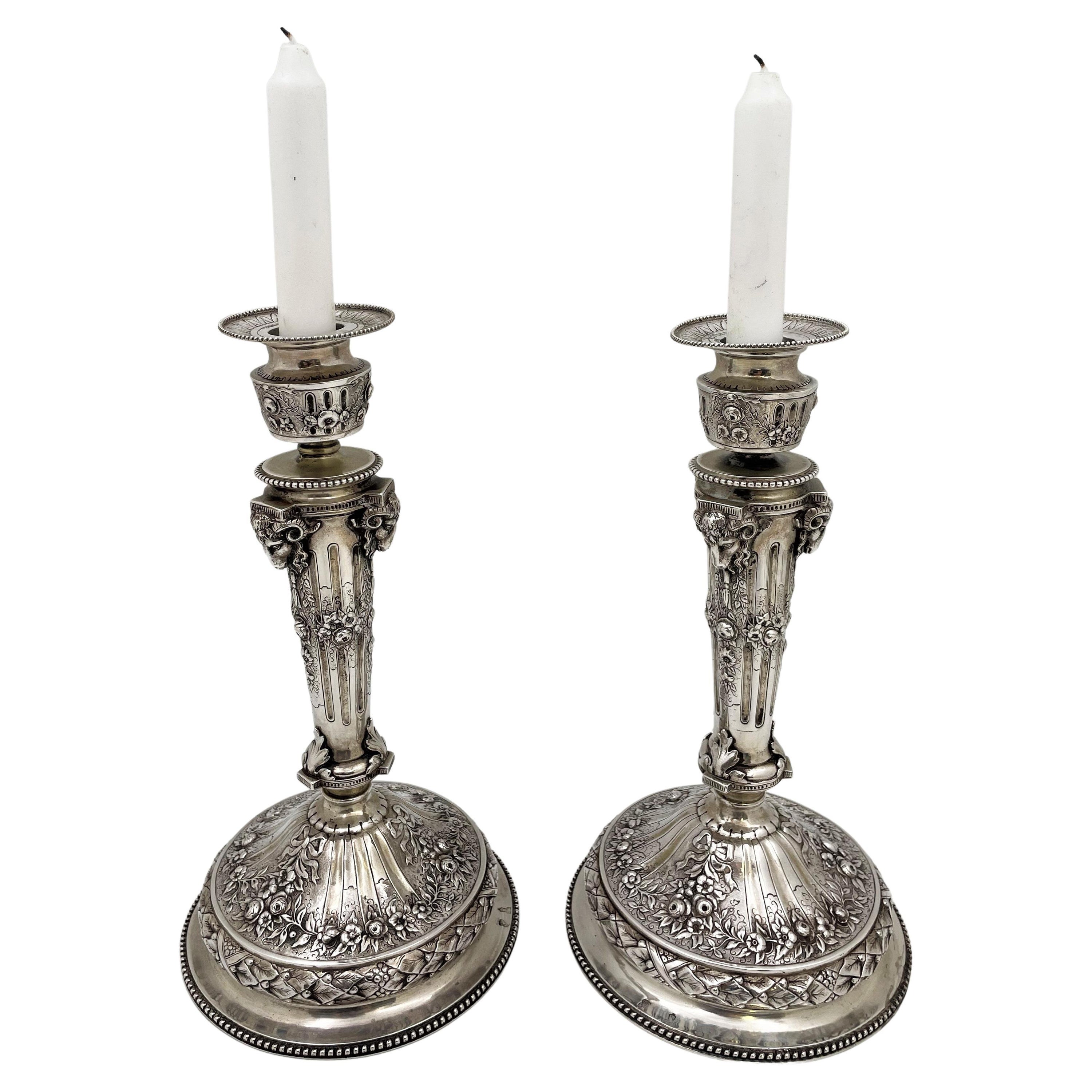 Pair of Continental Chased Silver Candlesticks from 19th Century with Rams' Head For Sale