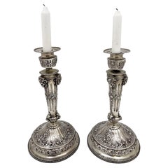 Antique Pair of Continental Chased Silver Candlesticks from 19th Century with Rams' Head