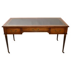 American Georgian Walnut & Black Gold Leather Top, Writing Table Desk on Casters