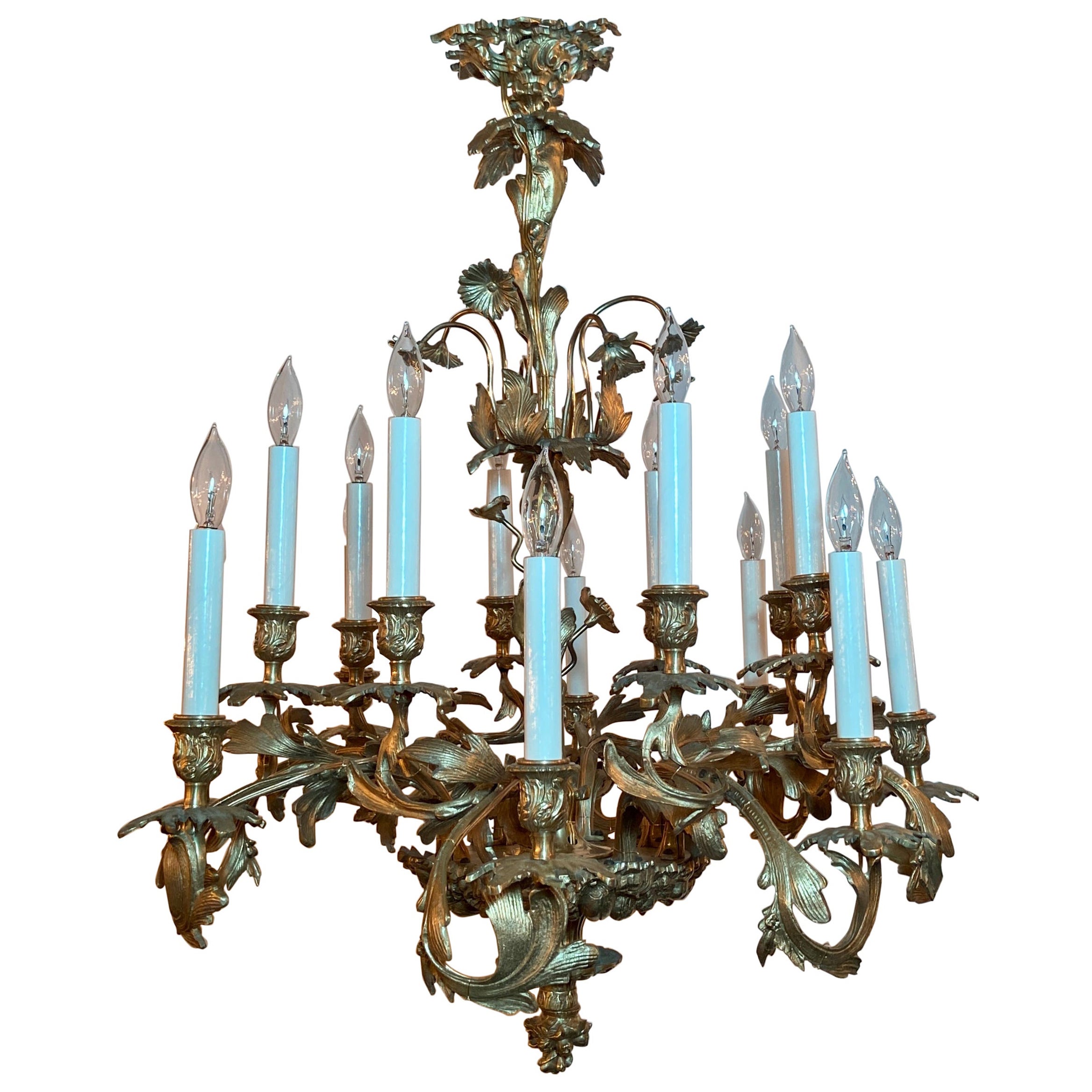 Lustre ancien français Louis XV en bronze doré à 12 lumières, vers 1890