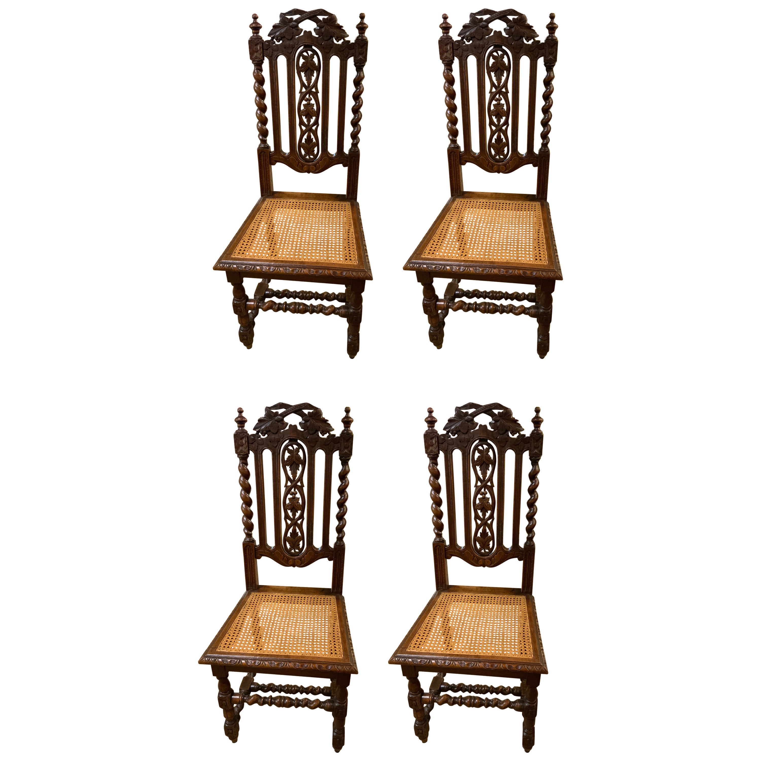 Set of Four Dining Room Henry II Renaissance Revival-Style Chairs, Carved