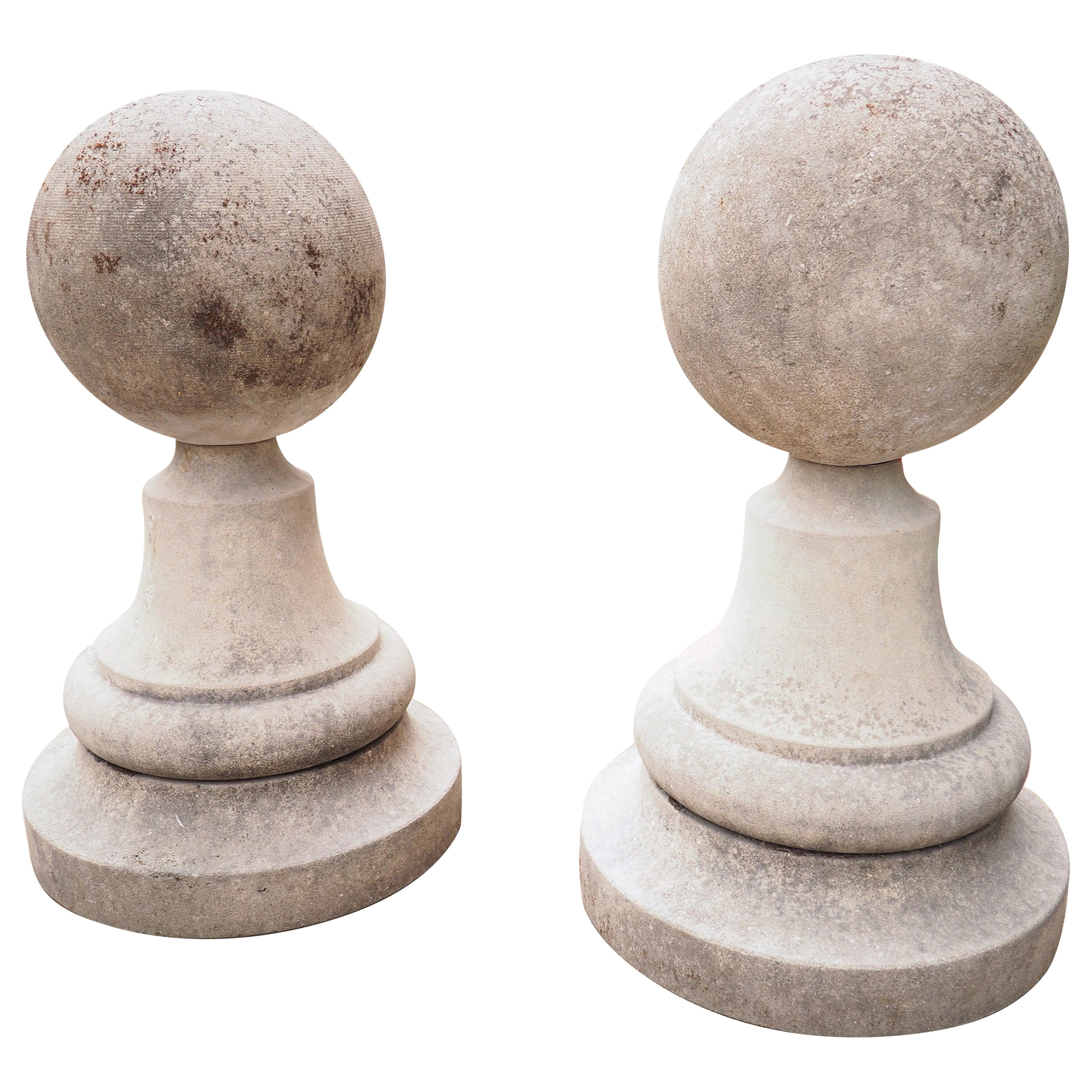 Pair of Italian Garden Ball Finials in Carved Limestone
