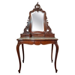 Antique French Louis XV Marble-Top Walnut Vanity with Beveled Mirror circa 1890