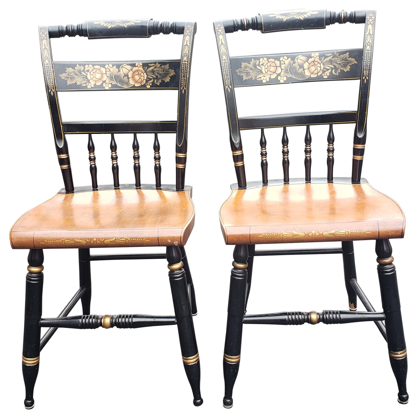 Lambert Hitchcock Stenciled Ornate Ladder Spindle Back Side Chairs, a Pair