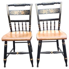 Lambert Hitchcock Stenciled Ornate Ladder Spindle Back Side Chairs, a Pair