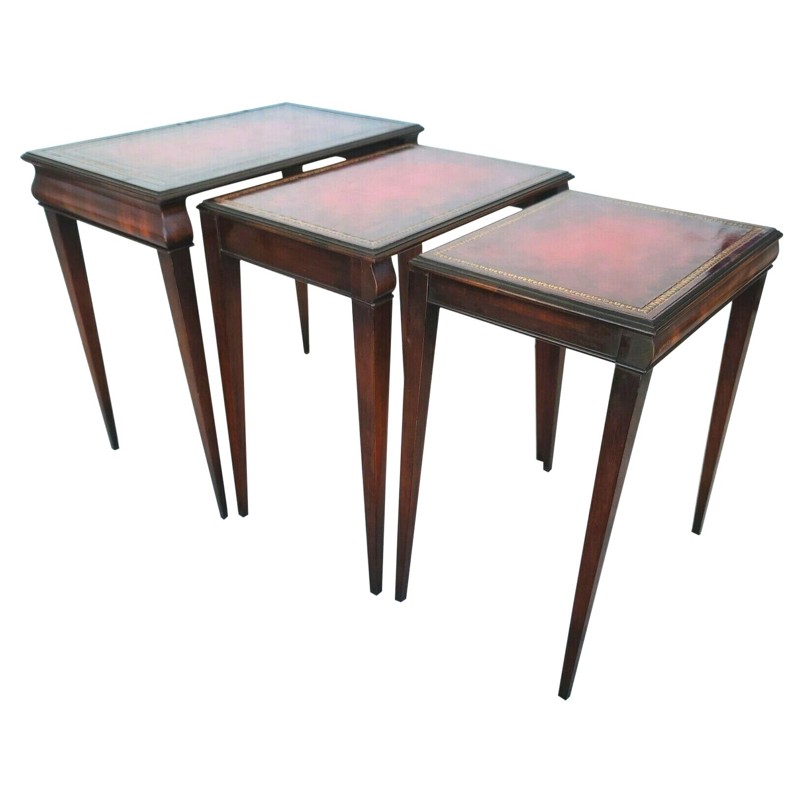 Mid Century Tooled Red Leather Mahogany Nesting Tables For Sale