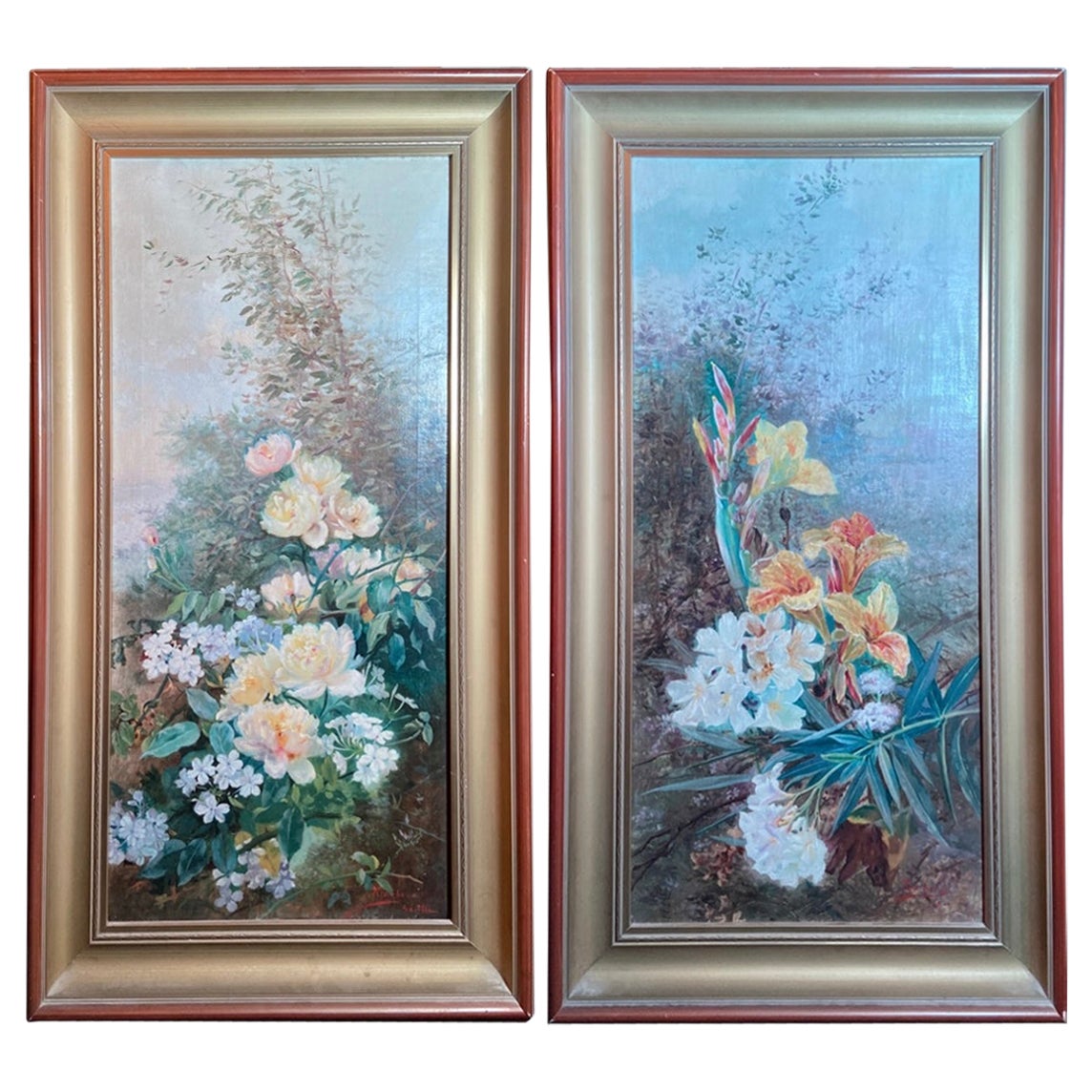 Paire de peintures à l'huile sur toile du 19ème siècle représentant des fleurs dans de nouveaux cadres en vente