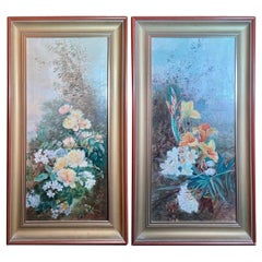 Antique Pair of 19th Century Oil Painting on Canvas of Florals in New Frames