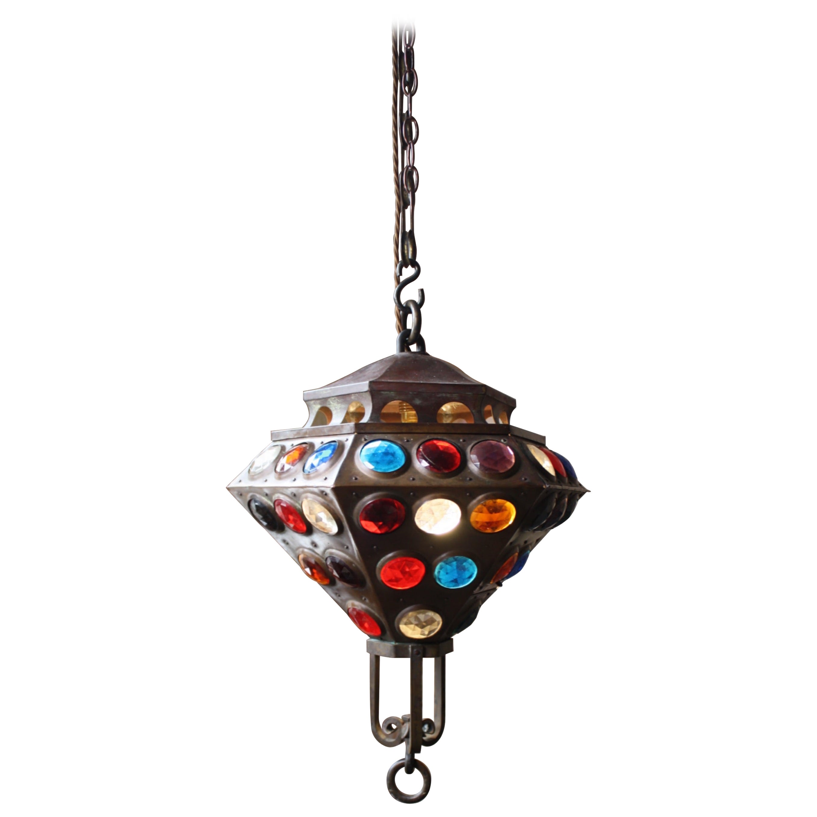 19th Century Jewelled Copper Disco Lantern Pendant Light Moorish Islamic