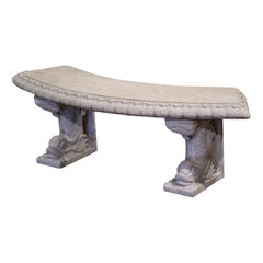 Vintage Mid-Century French Weathered Curved Stone Garden Bench with Fish Figures