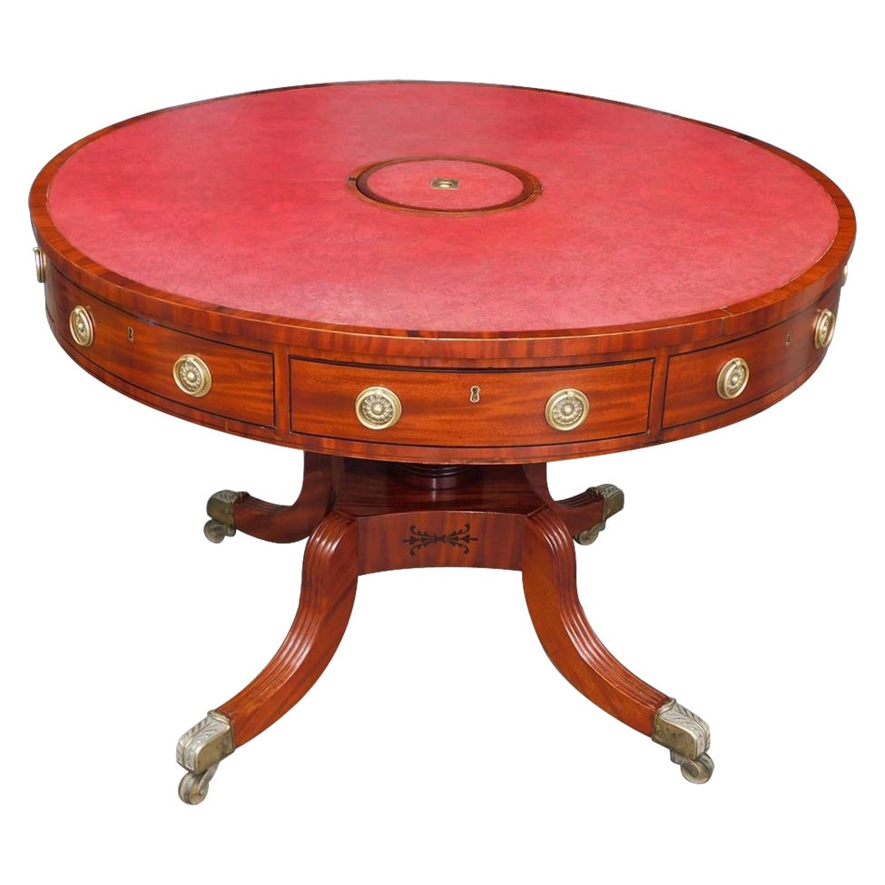 English Regency Mahogany Leather Top Ebony Inlaid Rent Table, Circa 1790 For Sale