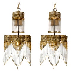 Pair of Art Deco & Art Nouveau Gilt Chandeliers with Amber Beads & Glass Fringe