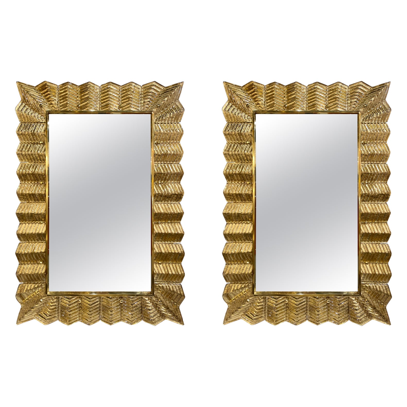 Pair of Murano Gold Glass Leaf Mirrors For Sale