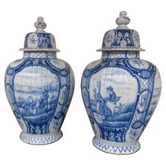 Large Pair of 18th Century Dutch Delft Jars with Lids
