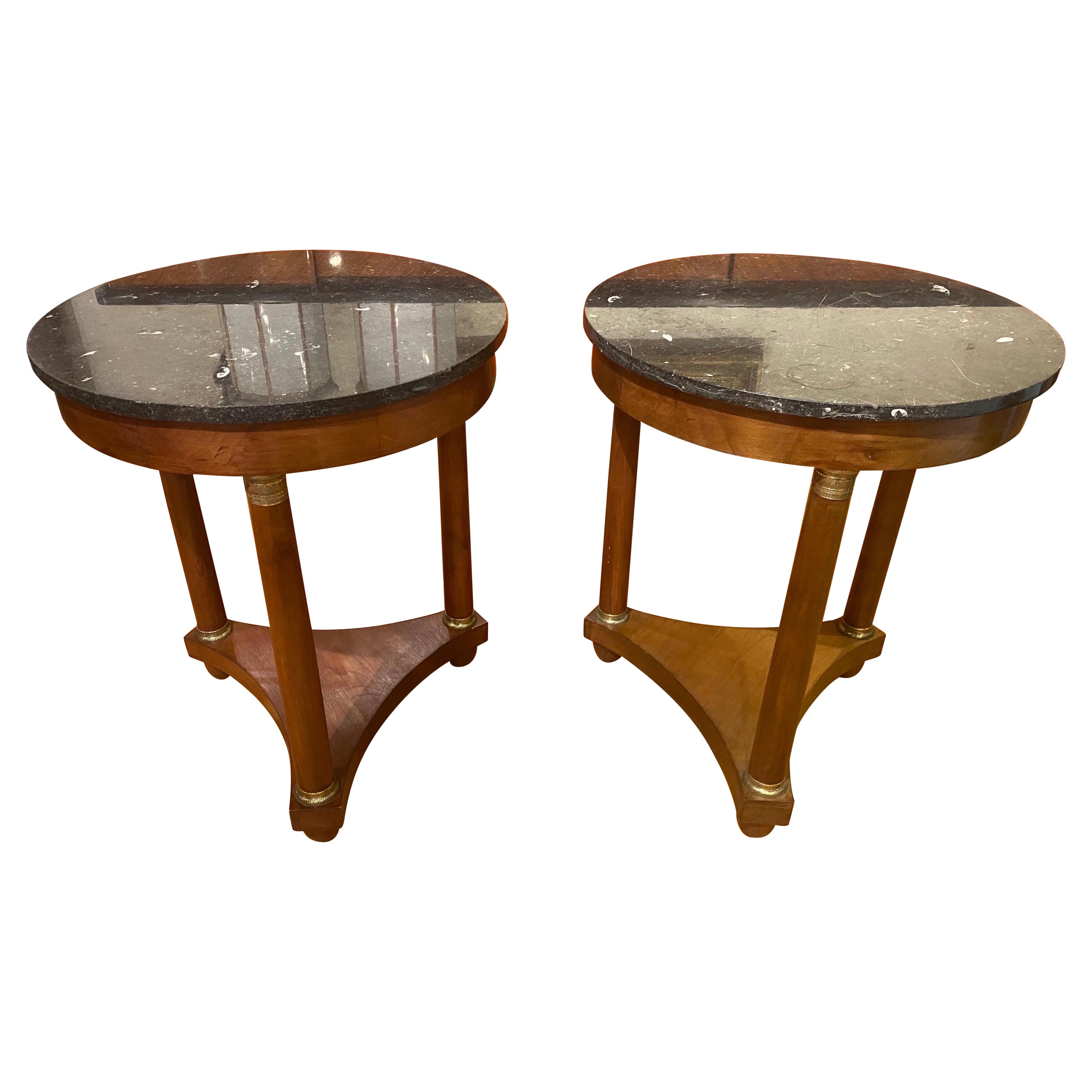 Pair of French Empire Style Bronze Mounted Marble Top Side Tables
