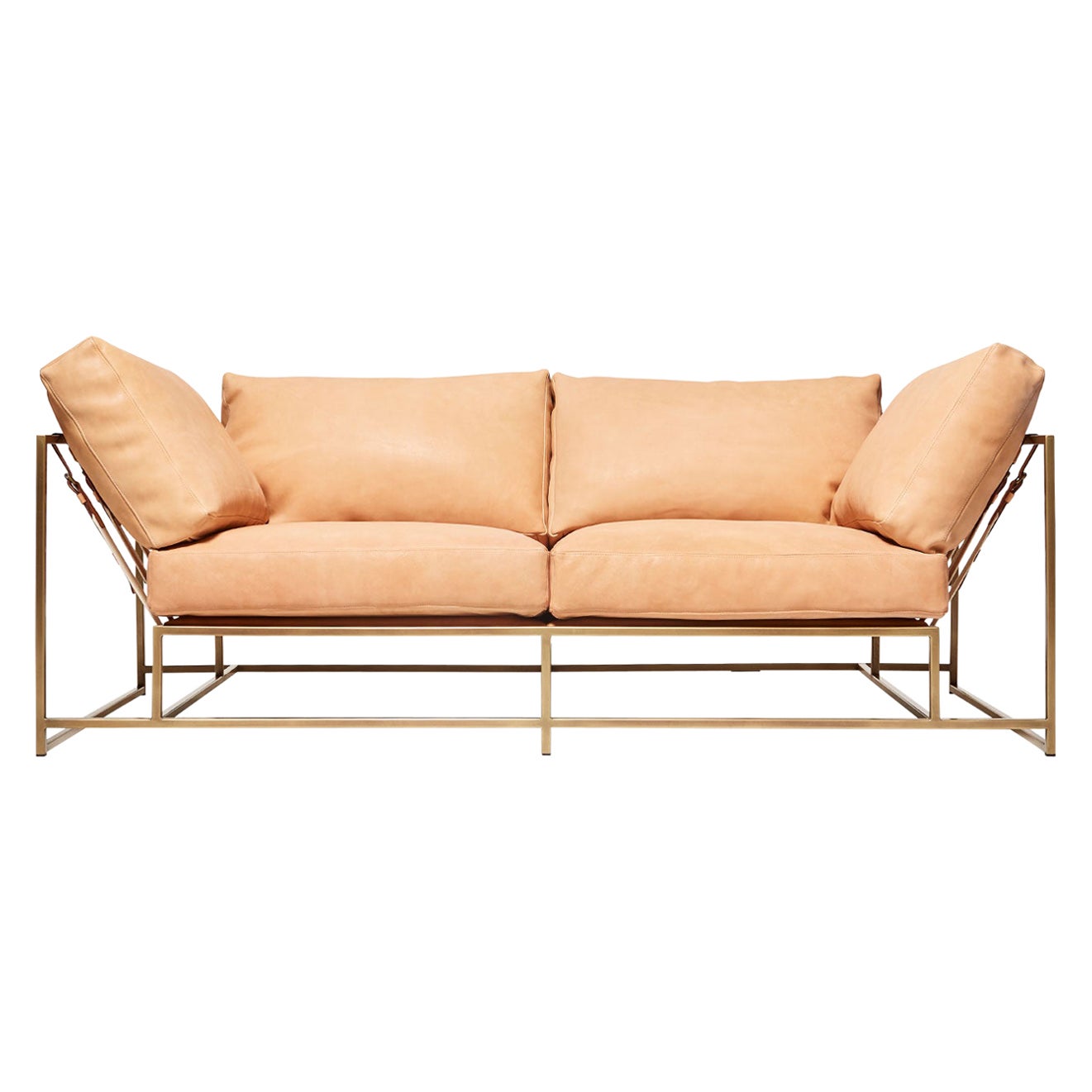 Natural Veg Tan Leather & Antique Brass Two Seat Sofa For Sale