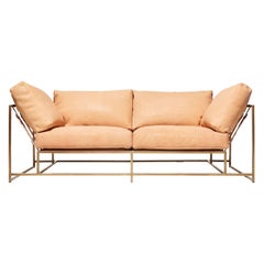 Natural Veg Tan Leather & Antique Brass Two Seat Sofa