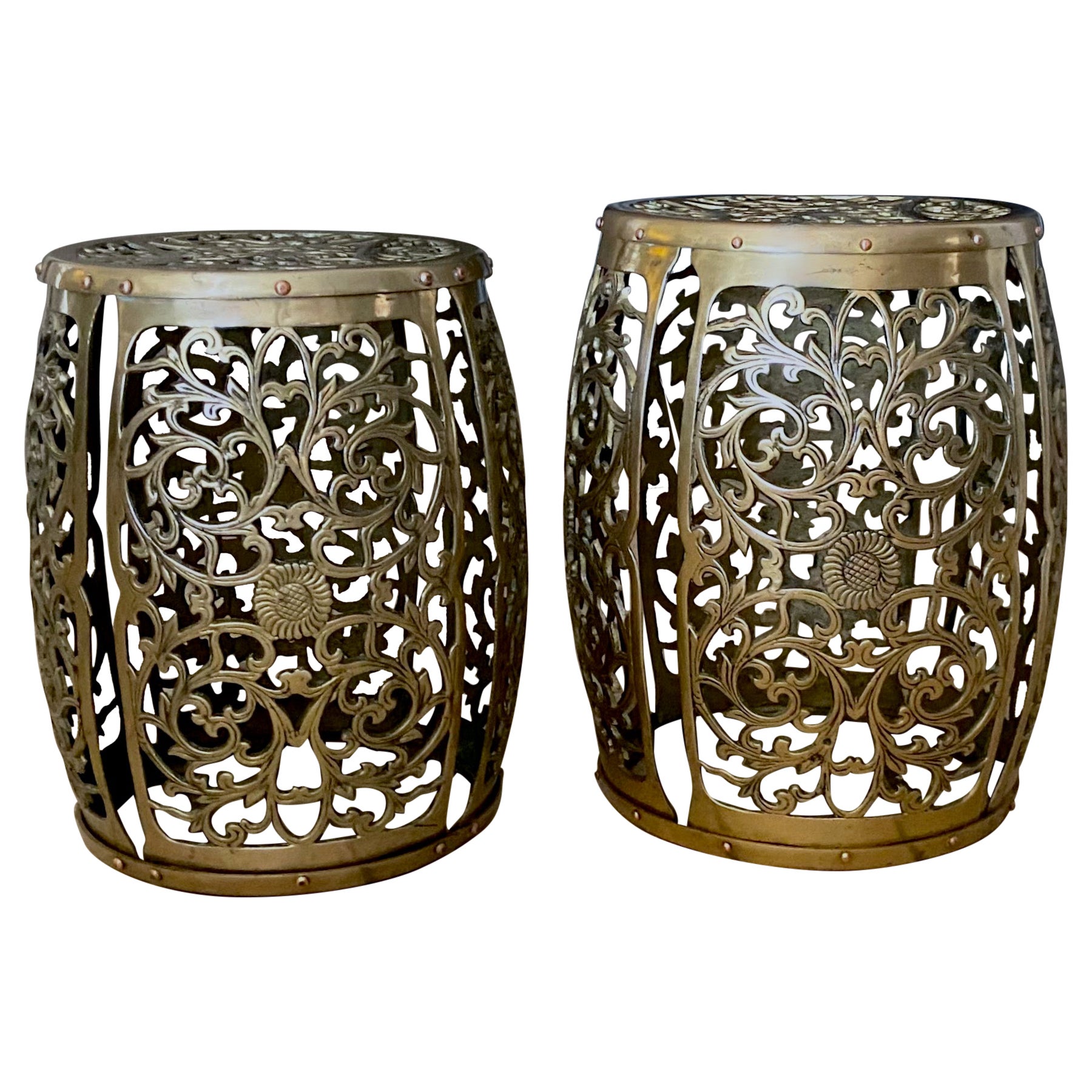 Pair Asian Brass Round Garden Stools  For Sale