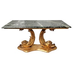 Regency Style Italian Giltwood Dolphin Form Marble Top Coffee Table / Bench