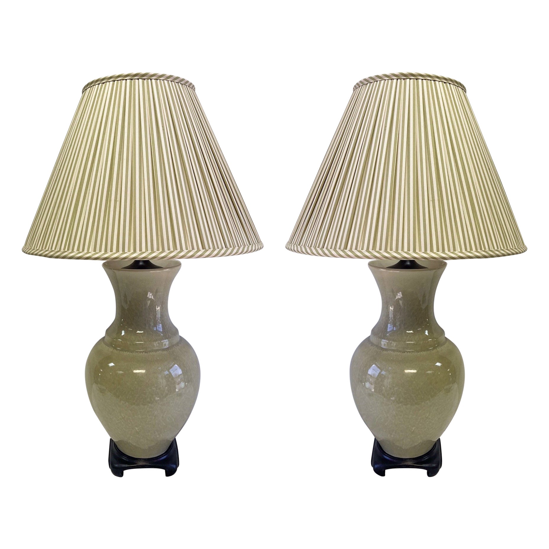 Mid-Century Asian Style Crackle Glaze Celadon Table Lamps Att. Paul Hanson, Pair For Sale