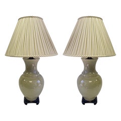 Mid-Century Asian Style Crackle Glaze Celadon Table Lamps Att. Paul Hanson, Pair