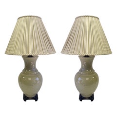 Mid-Century Asian Style Crackle Glaze Celadon Table Lamps Att. Paul Hanson, Pair