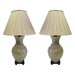 Vintage Mid-Century Asian Style Crackle Glaze Celadon Table Lamps Att. Paul Hanson, Pair