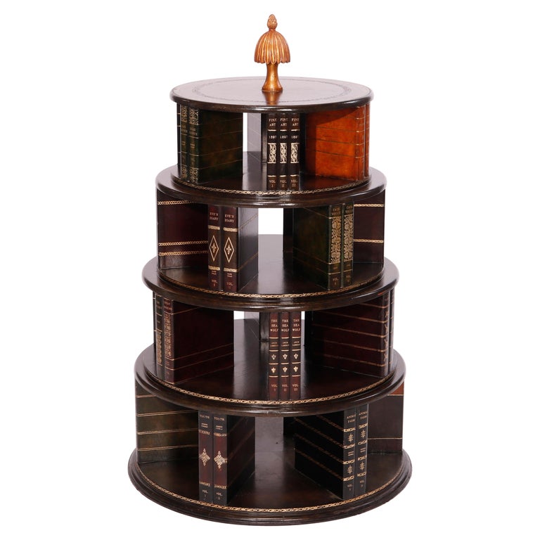 Maitland Smith Mahogany Revolving Book Stand & Tooled Leather Faux Books, 20th C For Sale