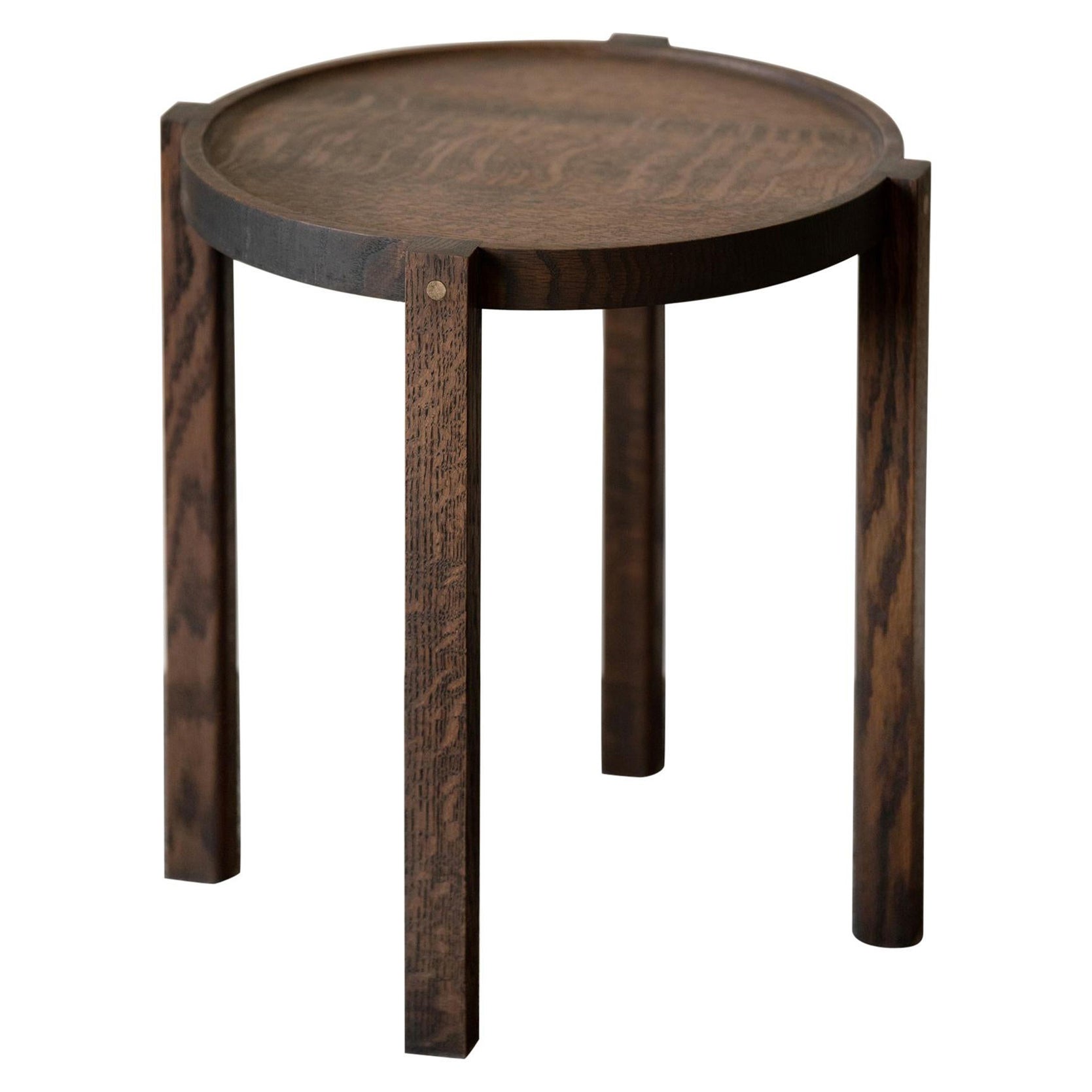 Round Wood Side Table Black Color Oak with Bronze Details by Alabama Sawyer For Sale