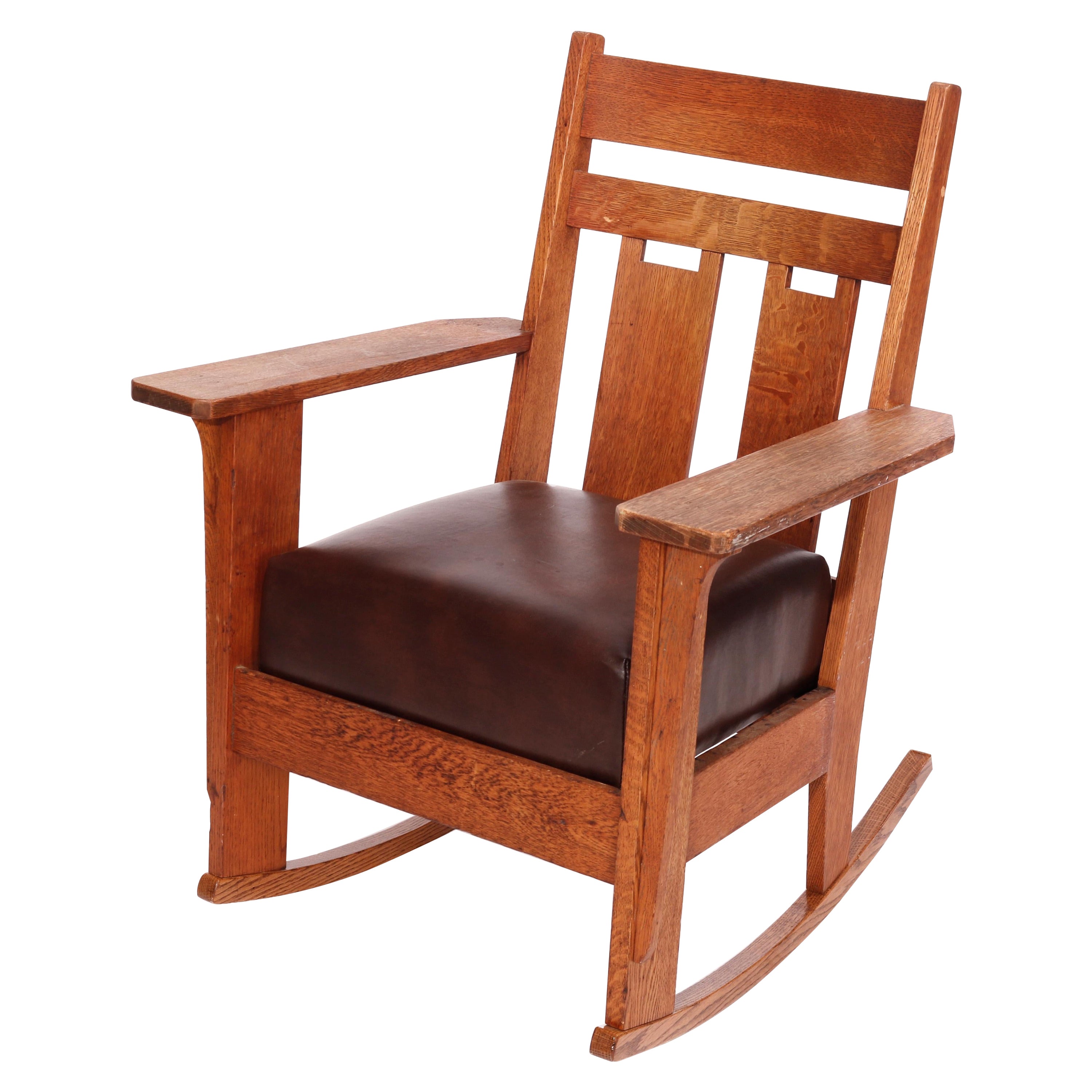 Antique Arts & Crafts Charles Stickley Oak Rocking Chair, Circa 1910