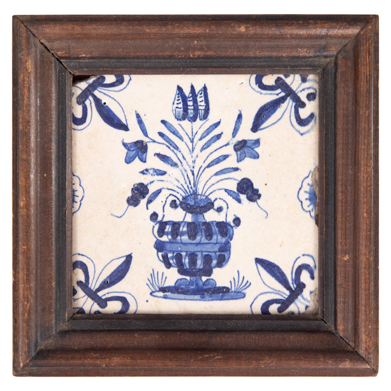 Antique 17th Century Dutch Delft Framed Floral Tile