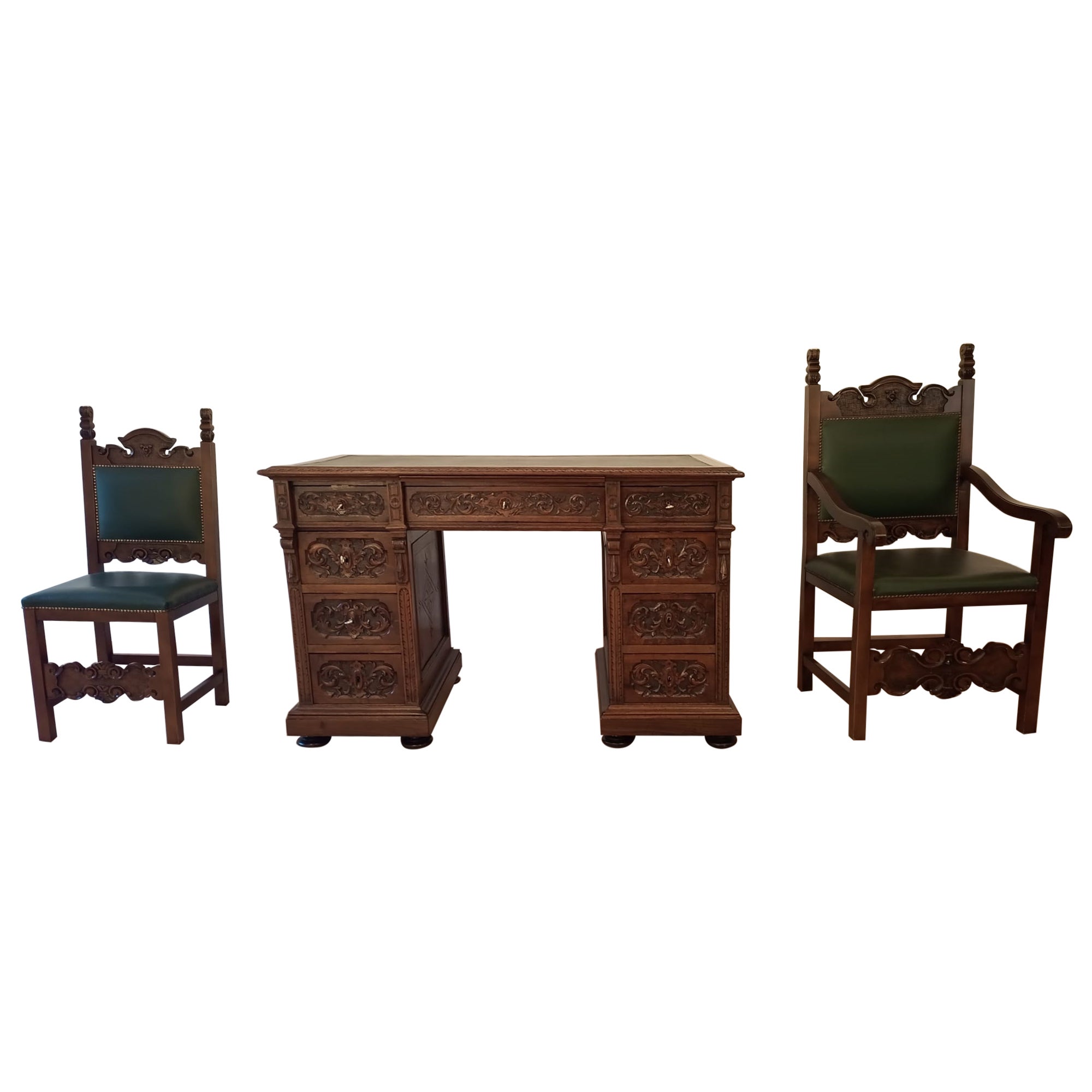 19th Century Office Desk Set Desk Two Chairs Walnut and Leather Set Brass For Sale