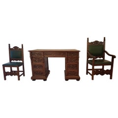 19th Century Office Desk Set Desk Two Chairs Walnut and Leather Set Brass