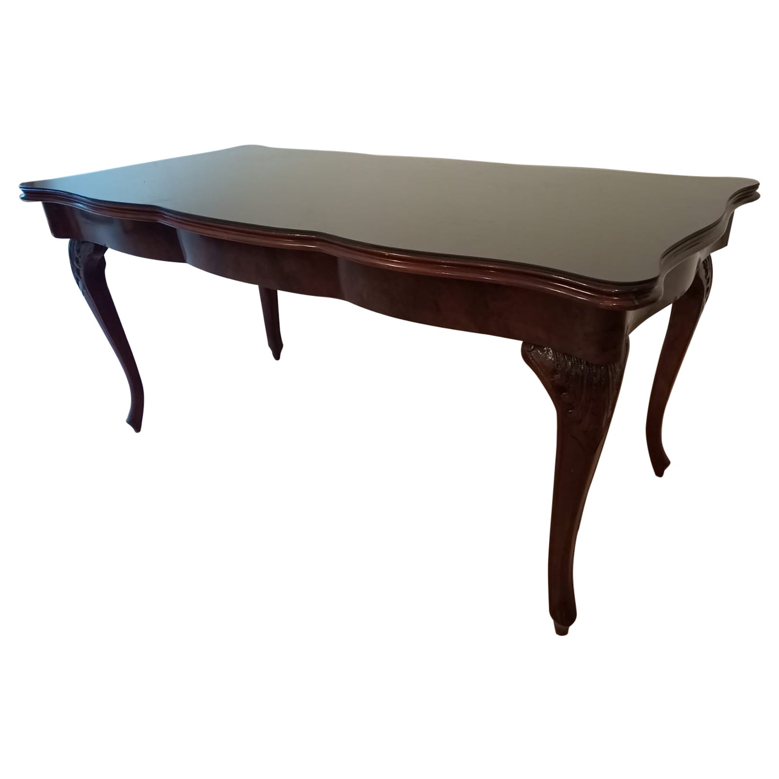 20th Century Chippendale Table Smoked Tempered Glass Walnut Top For Sale