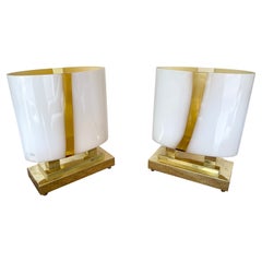 Contemporary Pair of Brass Murano Glass Vase Flame Lamps, Italy
