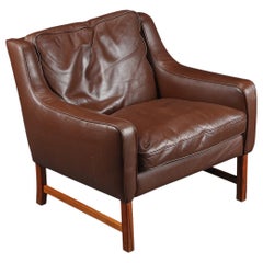 Frederik Kayser Mid Century Lounge Chair In Soft Brown Leather + Rosewood