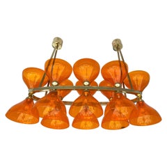 Large Contemporary Brass Chandelier Orange Murano Glass Cup, Italy