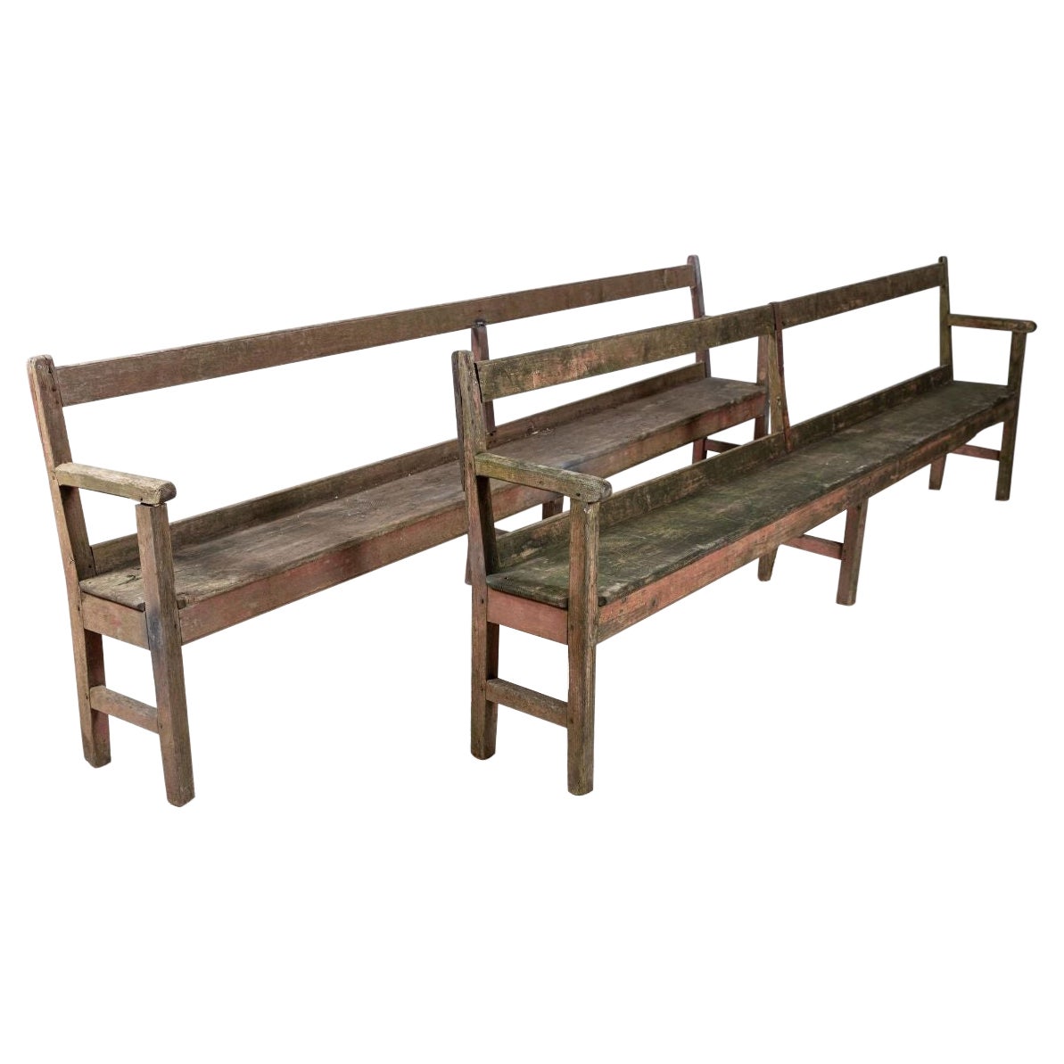 Pair 19th C English Rustic Painted Chapel Benches