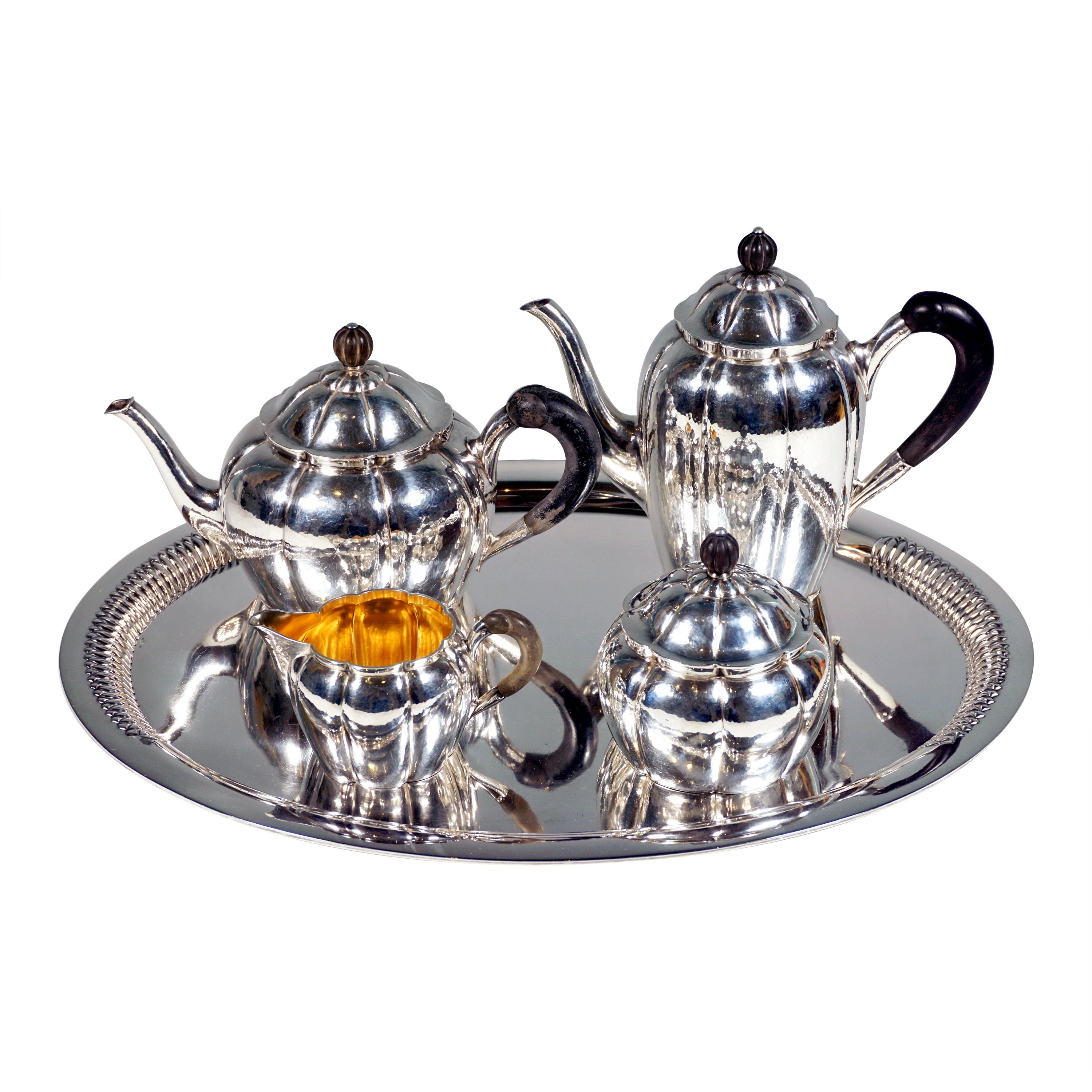Art Déco Silver 5-Piece Coffee & Tea Set with Tray, Around 1920 For Sale