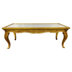 Einzigartiger Couchtisch im Hollywood-Regency-Stil, Sockel aus vergoldetem Holz, antike Spiegelplatte