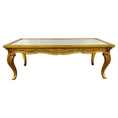 Vintage Petite Hollywood Regency Style Coffee Table, Giltwood Base, Antiqued Mirror Top