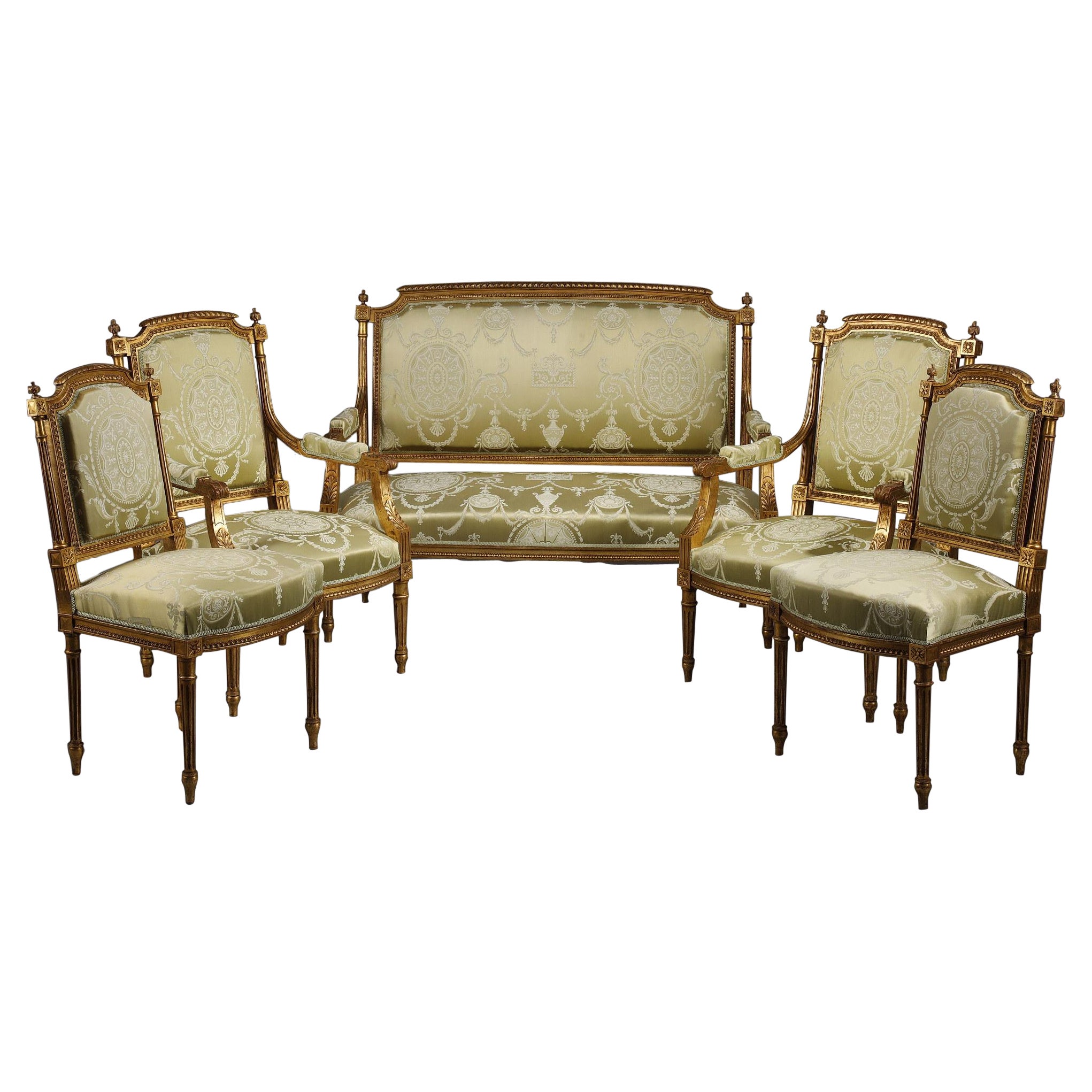 Louis XVI Style Living Room Set in Gilded Wood and Green Silk