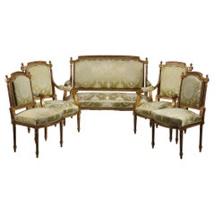 Antique Louis XVI Style Living Room Set in Gilded Wood and Green Silk
