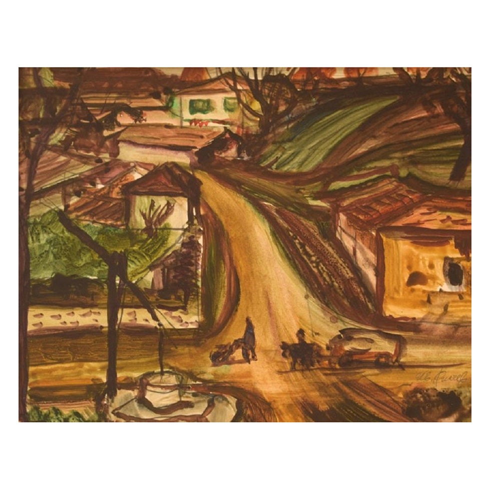 Unknown Hungarian Artist, Watercolor on Paper, Modernist Town Landscape, 1960s For Sale